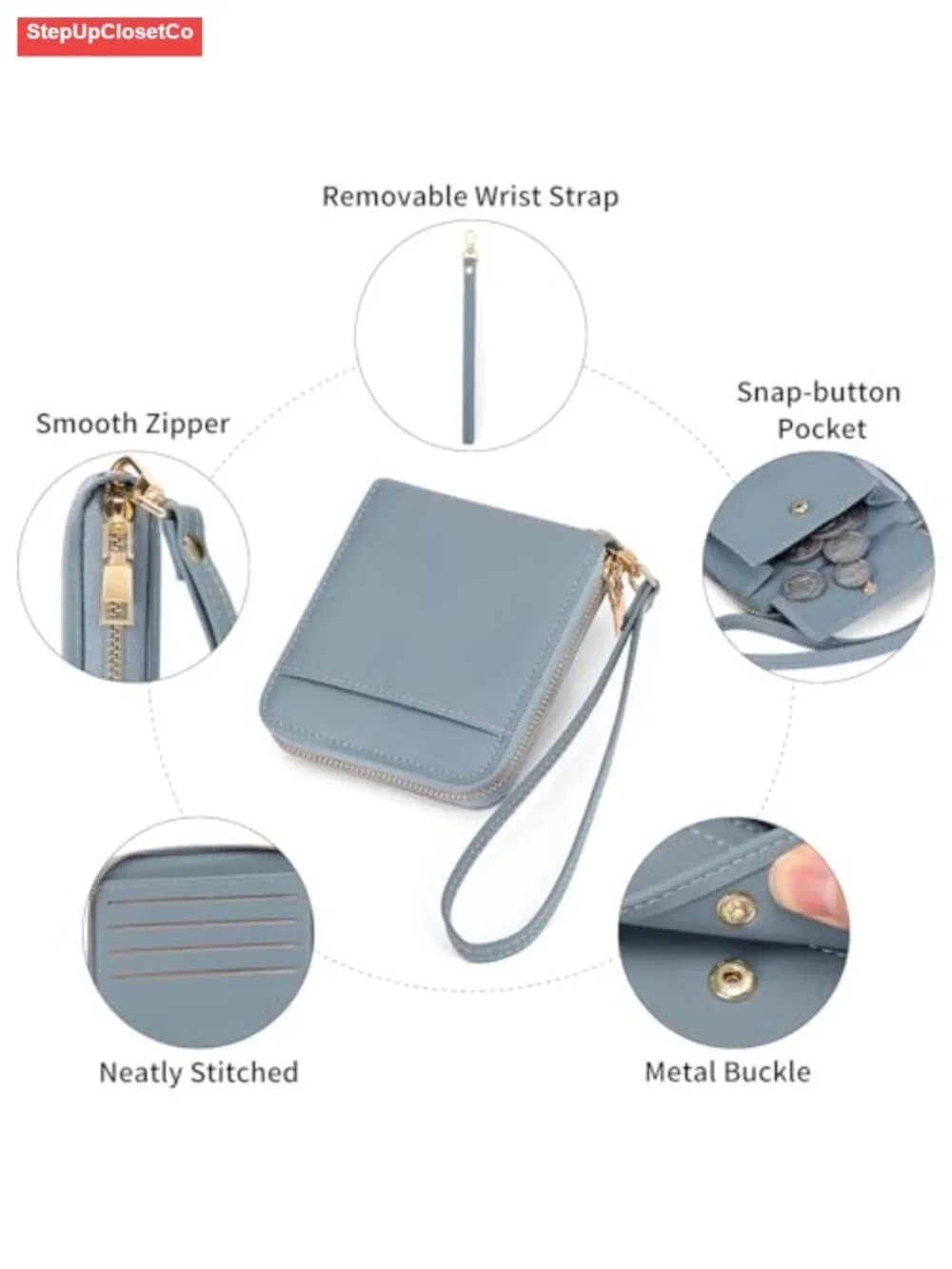 Vegan Leather RFID Blocking Zip Around Wristlet Wallet with Removable Strap